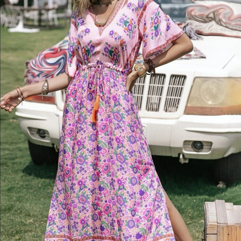 Bohemian Floral print split thigh draw string waist dress - Picture 6 of 7